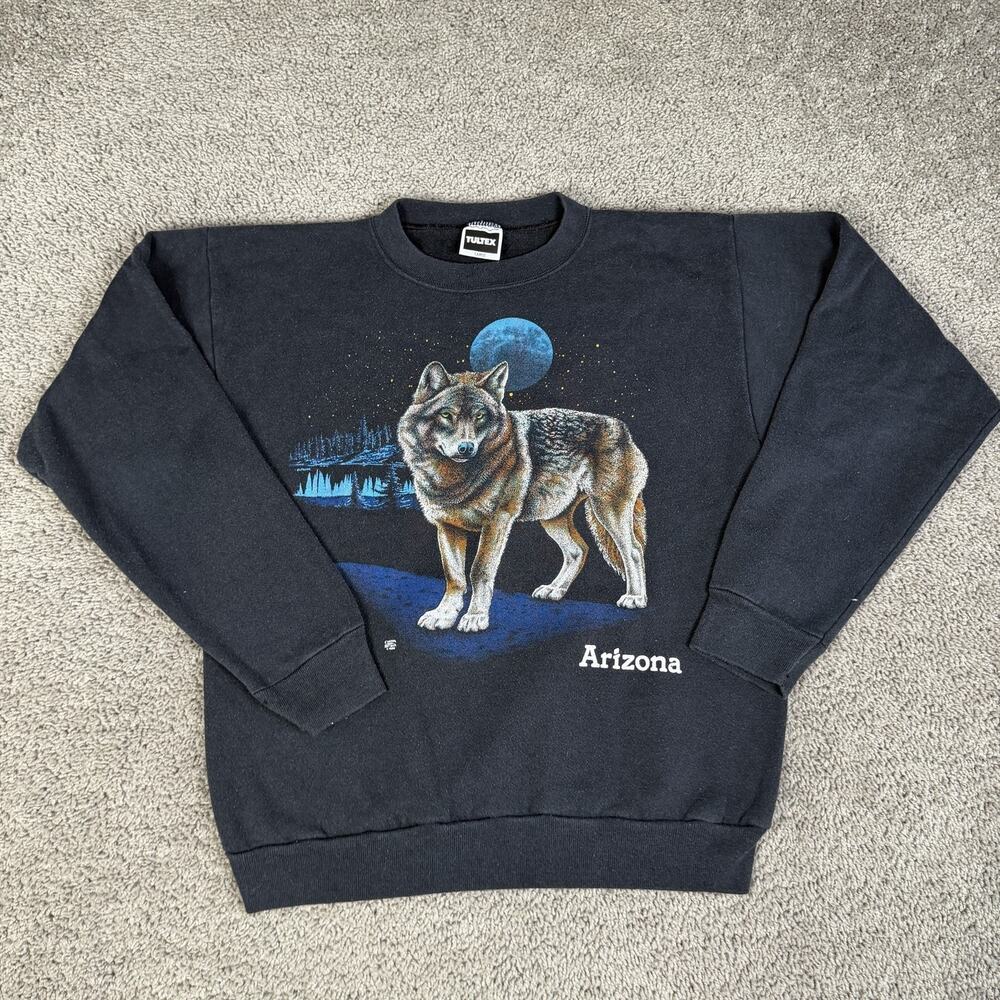 Vintage Wolf Sweatshirt Mens L Black Arizona Desert Moon Pullover Fleece 80s